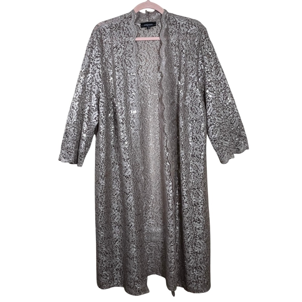 R&M Richards Long Silver Sequin Lace Open Front Duster Jacket Women's 16W Sheer